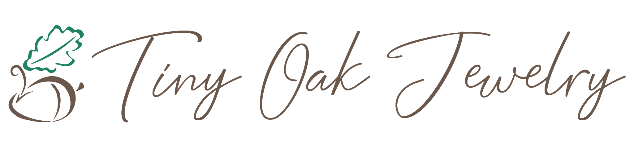 A logo for Tiny Oak Jewelry, featuring a stylized acorn graphic.